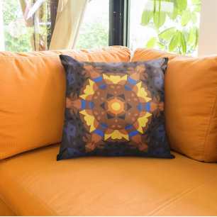 Retro Mandala Flower Orange Gult och Blue Kudde