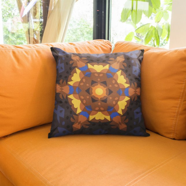 Retro Mandala Flower Orange Gult och Blue Kudde (Skapare uppladdad)