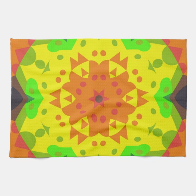 Retro Mandala Flower Orange Gult och Grönt Kökshandduk (Horisontell)