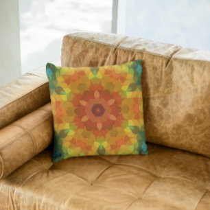Retro Mandala Flower Orange Gult och Grönt Kudde