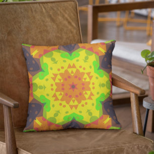Retro Mandala Flower Orange Gult och Grönt Kudde