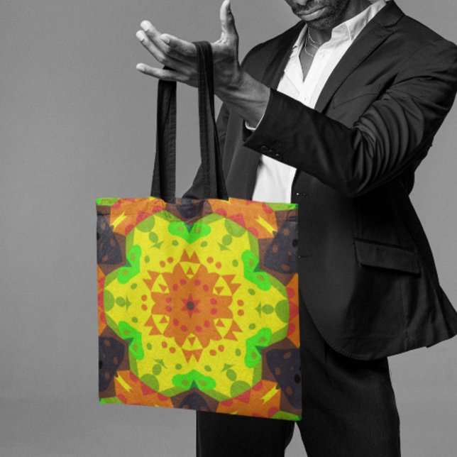 Retro Mandala Flower Orange Gult och Grönt Tygkasse (Skapare uppladdad)