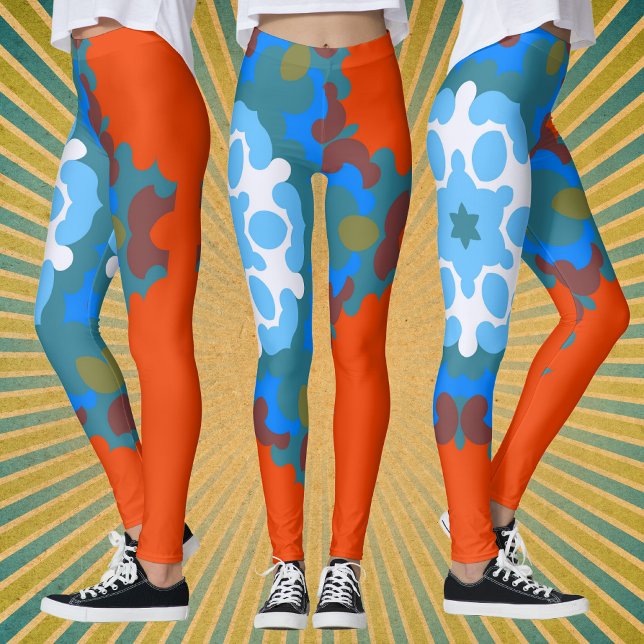 Retro Mandala Flower Orange White och Blue Leggings (Skapare uppladdad)