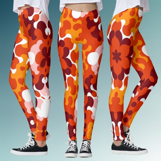 Retro Mandala Flower Orange White och Gult Leggings (Skapare uppladdad)