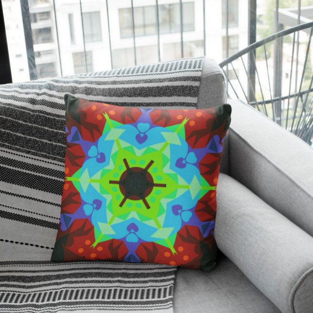 Retro Mandala Flower Red Blue och Grönt Kudde (Skapare uppladdad)