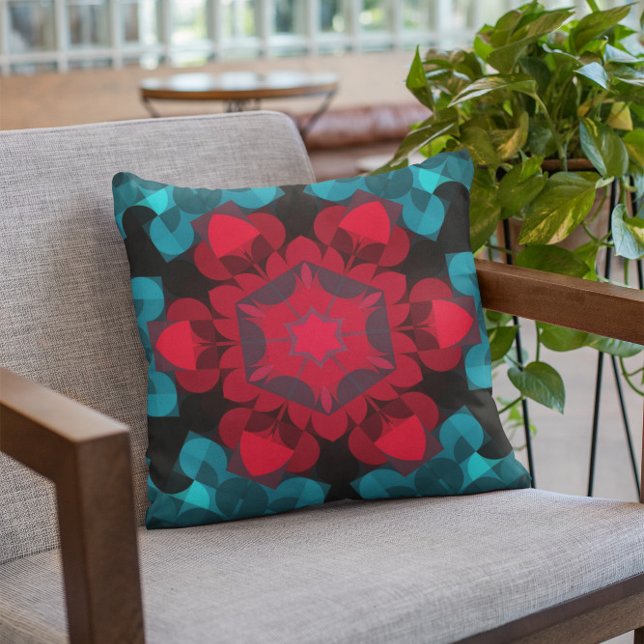 Retro Mandala Flower Red och Blue Kudde (Skapare uppladdad)