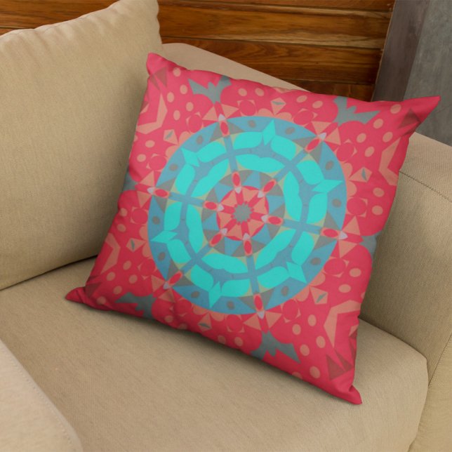 Retro Mandala Flower Red och Blue Kudde (Skapare uppladdad)
