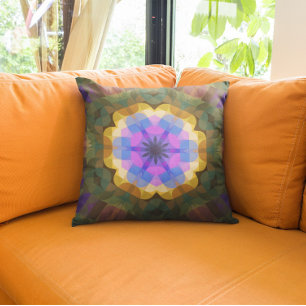 Retro Mandala Flower Rosa Blue och Gult Kudde