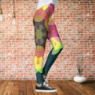 Retro Mandala Flower Rosa Gult och Grönt Leggings