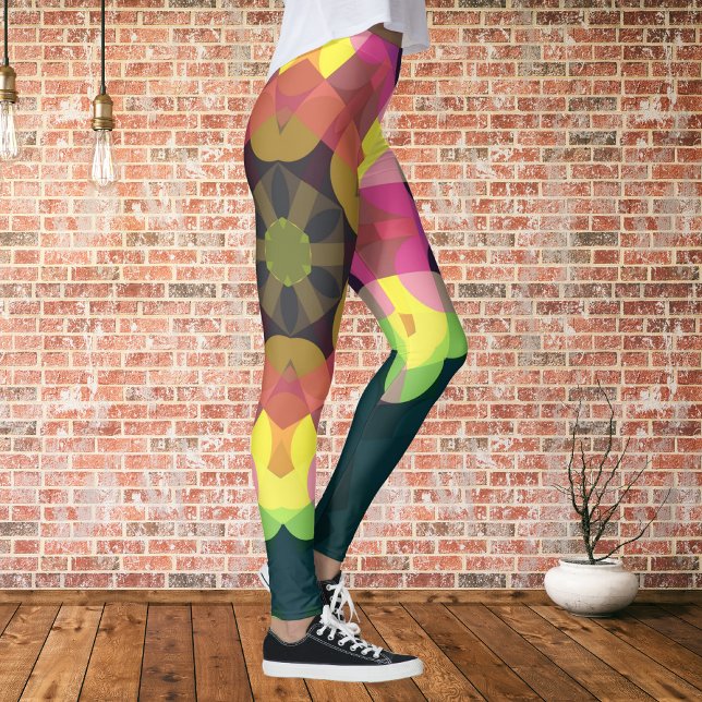 Retro Mandala Flower Rosa Gult och Grönt Leggings (Skapare uppladdad)
