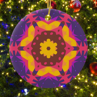 Retro Mandala Flower Rosa Lila and Gult Julgransprydnad Keramik