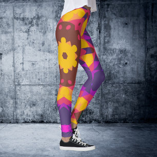 Retro Mandala Flower Rosa Lila and Gult Leggings