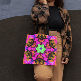 Retro Mandala Flower Rosa Orange och Grönt Tygkasse