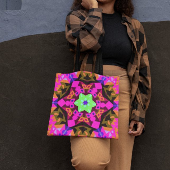 Retro Mandala Flower Rosa Orange och Grönt Tygkasse (Skapare uppladdad)