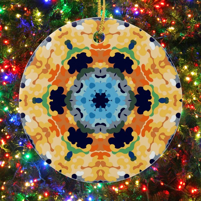 Retro Mandala Gult Blue och Orange Julgransprydnad Keramik (Yellow Blue and Orange Retro Mandala Ornament by Wormhole Orbital)