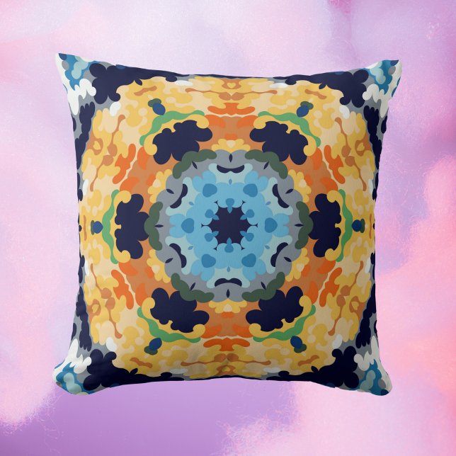 Retro Mandala Gult Blue och Orange Kudde (Skapare uppladdad)