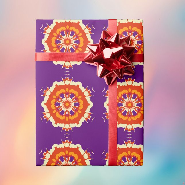 Retro Mandala Lila Red och Orange Presentpapper (Retro Mandala Wrapping Paper from Wormhole Orbital)