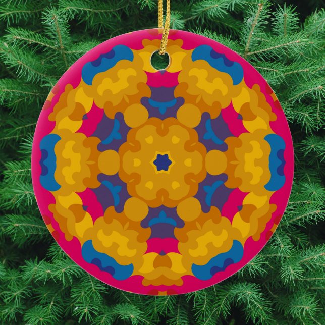 Retro Mandala Orange Blue och Rosa Julgransprydnad Keramik (Orange Blue and Pink Retro Mandala Ornament by Wormhole Orbital)