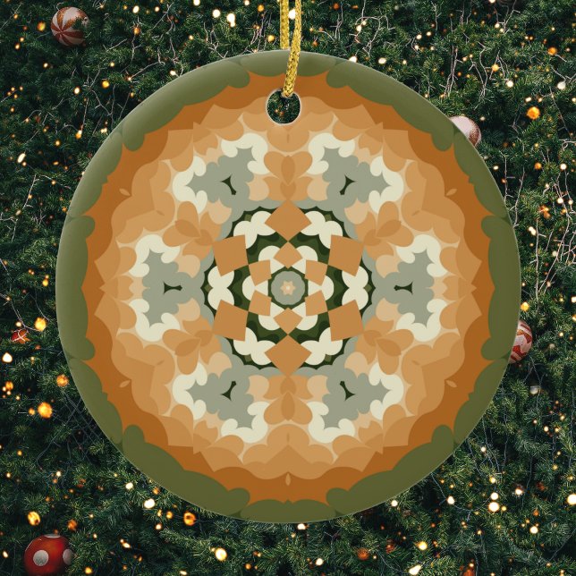 Retro Mandala Orange Grönt och White Julgransprydnad Keramik (Green and Orange Retro Mandala Ornament by Wormhole Orbital)