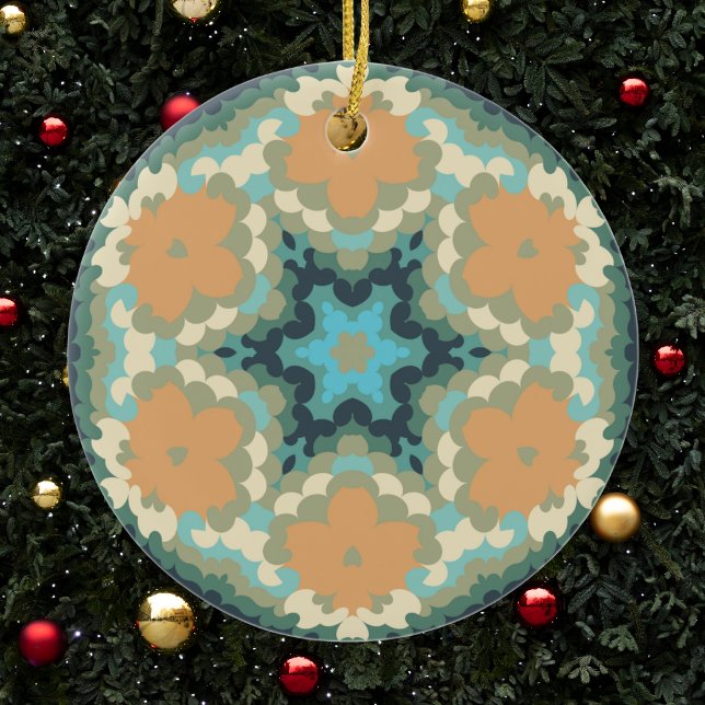 Retro Mandala Orange och Blue Julgransprydnad Keramik (Orange and Blue Retro Mandala Christmas Ornament from Wormhole Orbital)