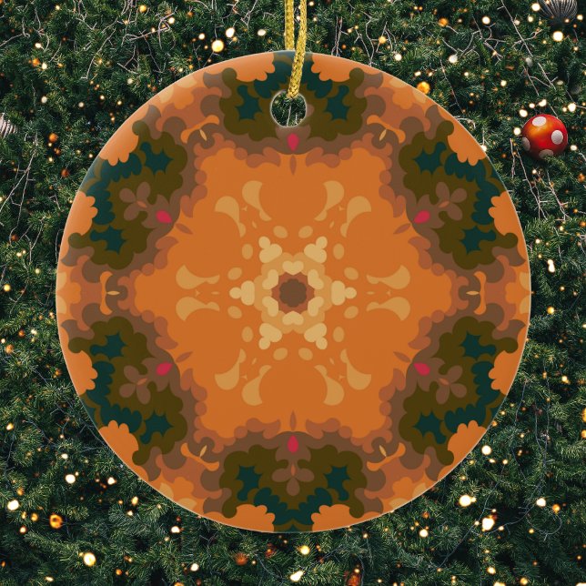 Retro Mandala-Orange och Gult Julgransprydnad Keramik (Orange and Yellow Retro Mandala Christmas Ornament from Wormhole Orbital)
