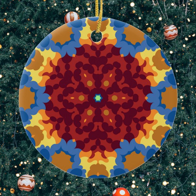 Retro Mandala Red Blue och Gult Julgransprydnad Keramik (Red Blue and Yellow Retro Mandala Ornament by Wormhole Orbital)