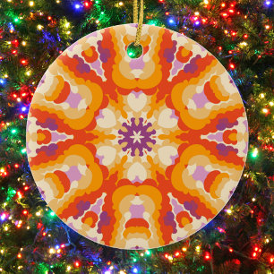 Retro Mandala Red Orange Lila och Gult Julgransprydnad Keramik