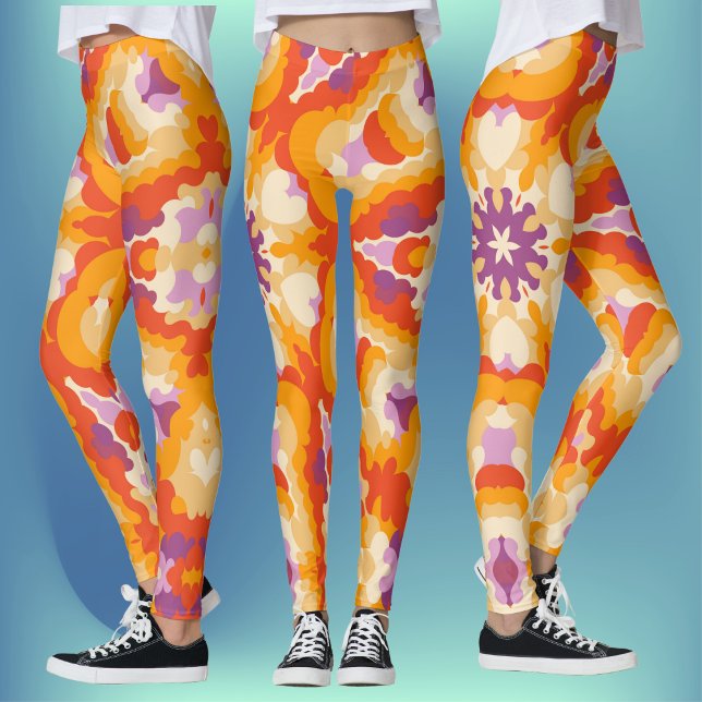 Retro Mandala Red Orange Lila och Gult Leggings (Skapare uppladdad)