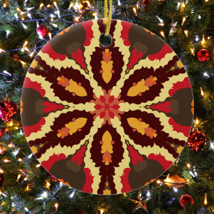 Retro Mandala Red Orange och Brown Julgransprydnad Keramik