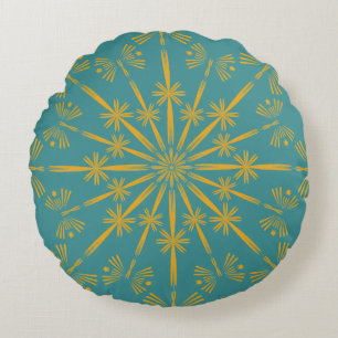 Retro Mandala Teal Round Pillow Rund Kudde