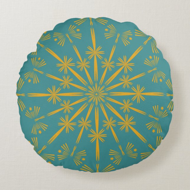 Retro Mandala Teal Round Pillow Rund Kudde (Framsidan)