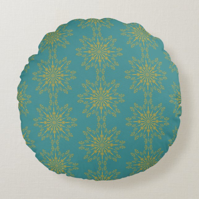 Retro Mandala Teal Round Pillow Rund Kudde (Framsidan)
