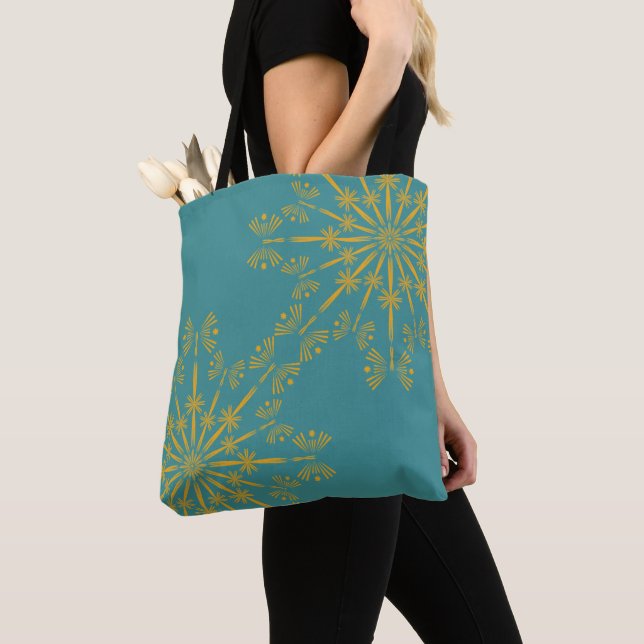 Retro Mandala Teal Shoulder Tote Tygkasse (Närbild)