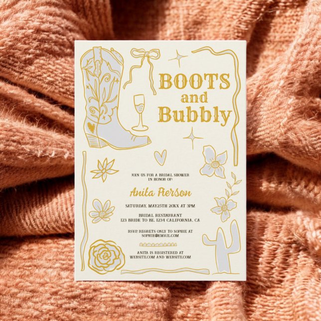 Retro-manusbubblor stöter på bubbelbaserad möhippa inbjudningar (Retro scribbles boots bubbly bridal shower invitation)