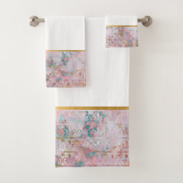 RETRO MARBLE FLOWER ROSA AQUA BATHROOM TOWEL SET