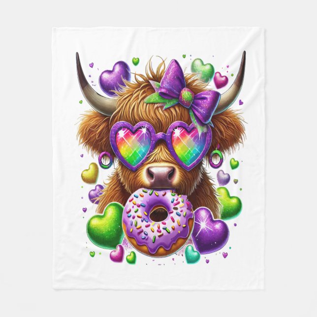 Retro Mardi Gras, Highland Cow Fleecefilt (Framsidan)