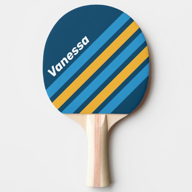 Retro Marinblå Diagonalrandig med namn Pingisracket (Framsidan)
