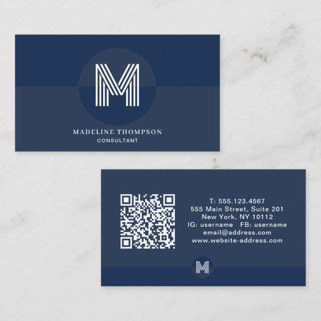 Retro Marinblå Geometrisk Modern Monogram QR-kod Visitkort (Fram/baksida)