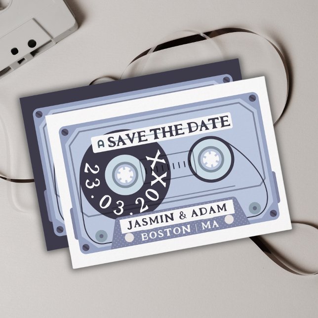 Retro marinblå kassettband Save The Date Spara Datumet (Skapare uppladdad)