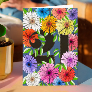 Retro marinblå personlig 21-årsdag blommig kort