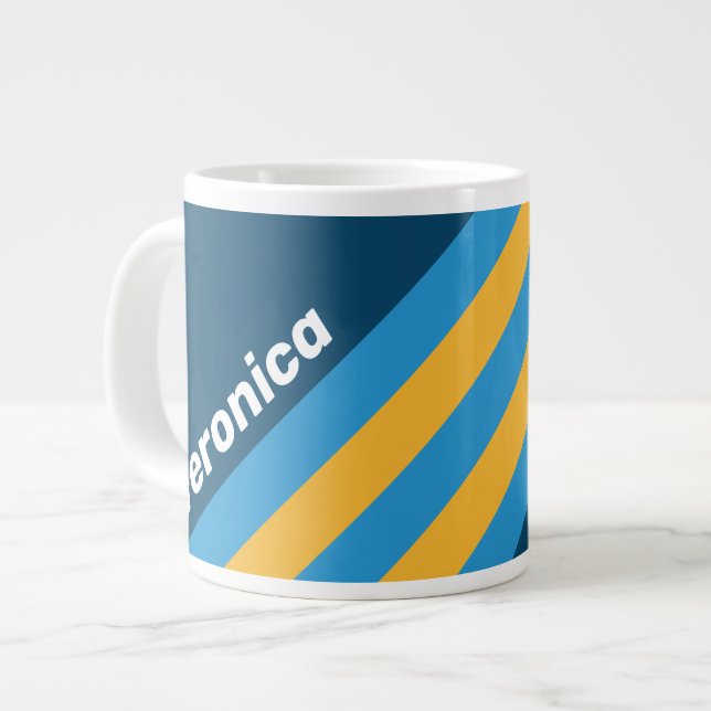 Retro Marinblå Ränder med Namn Jumbo Mugg (Framsida vänster)