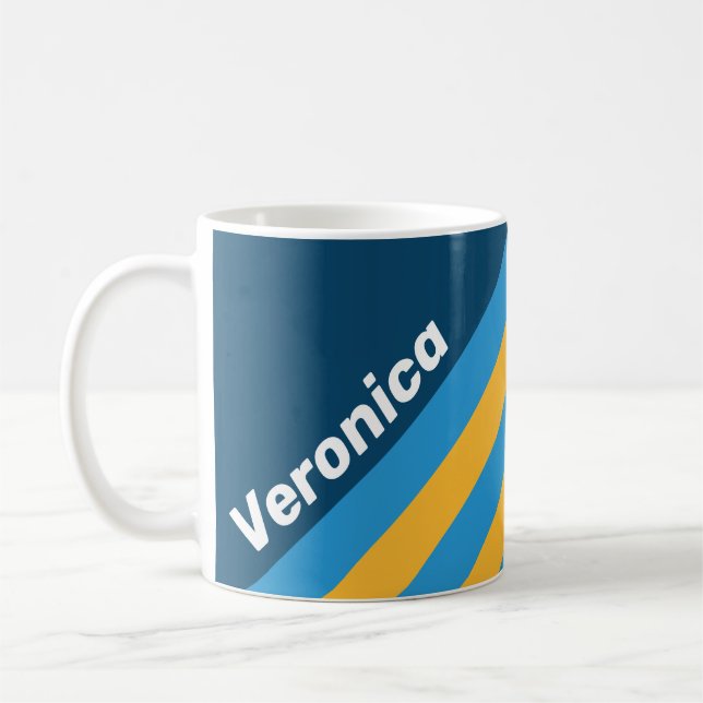 Retro Marinblå Ränder med Namn Kaffemugg (Vänster)