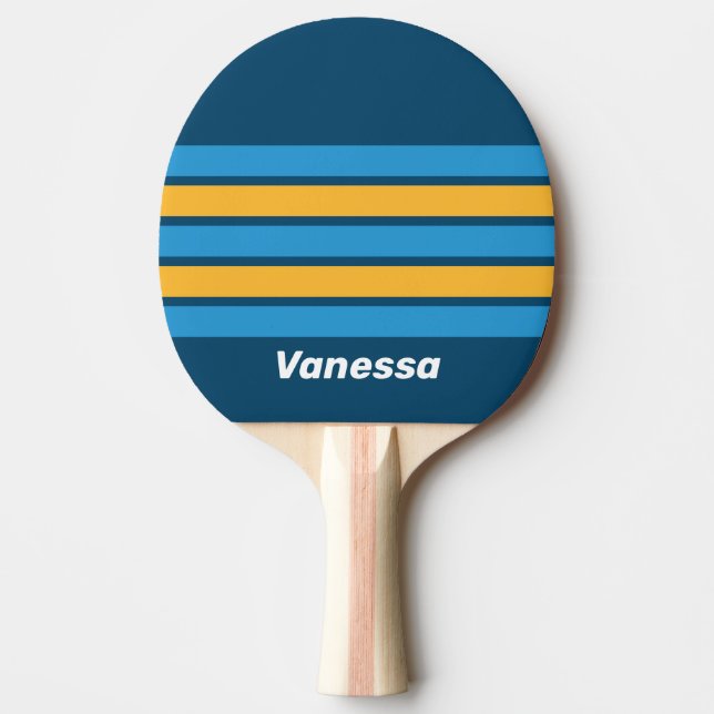 Retro Marinblå Tvärgående Rand med Namn Pingisracket (Framsidan)
