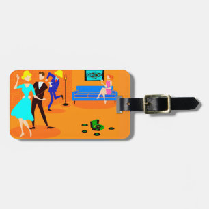 Retro märkre för tecknadcocktailpartybagage bagagebricka