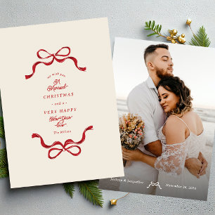 Retro Married Bows Cream & Red Photo Julkort