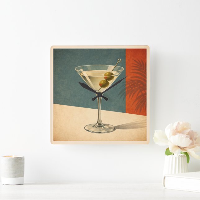 Retro Martini Cocktail Wall Clock Mid Century Bar  Fyrkantig Klocka (Hem)