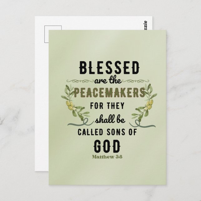 Retro Matthew 5:9 Vattenfärg i Olive Gren Vykort (Fram/baksida)
