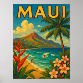Retro Maui Hawaii Surfer Paradise Travel Poster