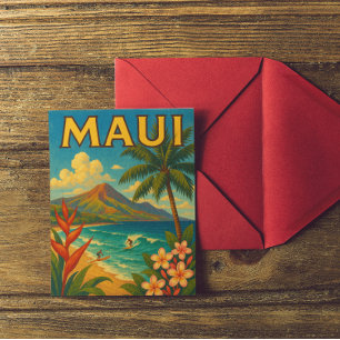 Retro Maui Hawaii Surfer Paradise Travel Vykort