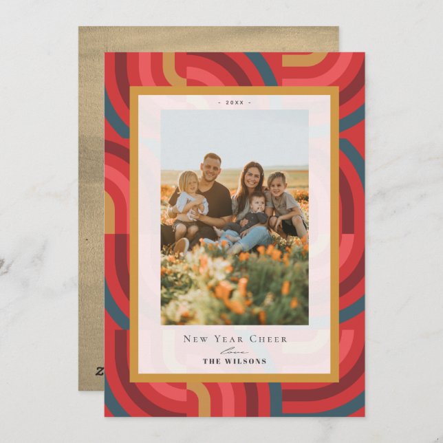 Retro Maximalist Geometric Red 2 Photo nyår Julkort (Fram/baksida)
